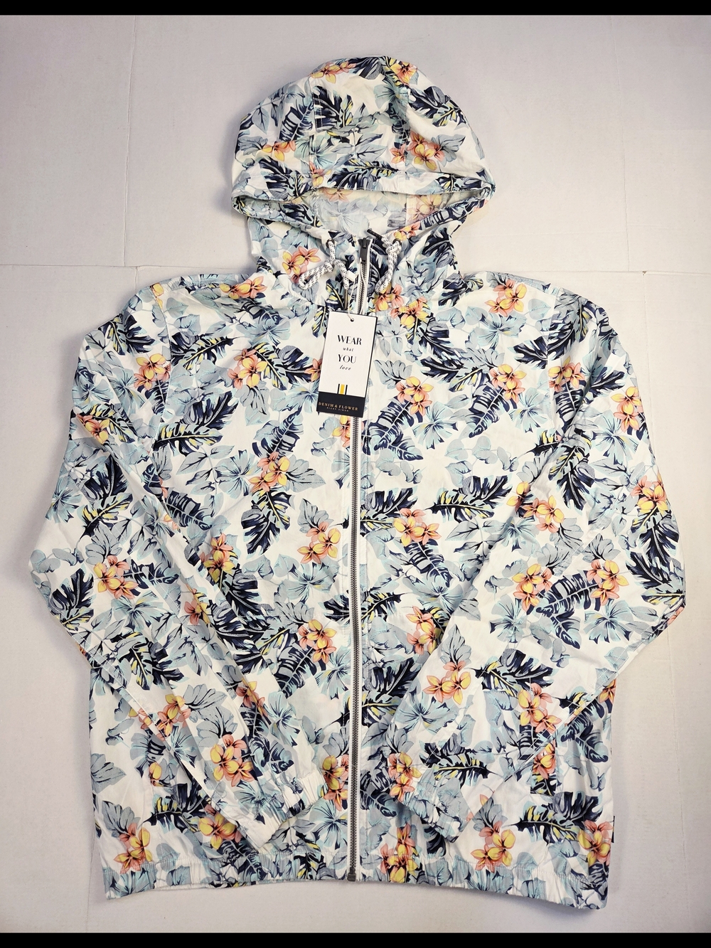 Denim & Flower Floral Hooded Jacket in Pastel Blue and Peach